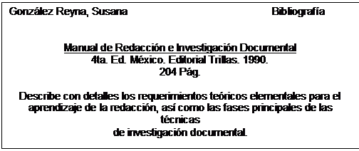 Text Box: González Reyna, Susana                                                  Bibliografía      Manual de Redacción e Investigación Documental  4ta. Ed. México. Editorial Trillas. 1990.  204 Pág.    Describe con detalles los requerimientos teóricos elementales para el  aprendizaje de la redacción, así como las fases principales de las técnicas  de investigación documental.  