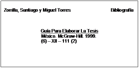 Text Box: Zorrilla, Santiago y Miguel Torres                                Bibliografía        Guía Para Elaborar La Tesis        México. McGraw-Hill. 1999.        (6)  XII  111 (2)  