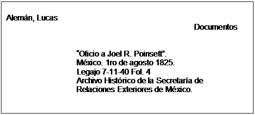 Text Box: Alemán, Lucas  Documentos      Oficio a Joel R. Poinsett.  México. 1ro de agosto 1825.  Legajo 7-11-40 Fol. 4  Archivo Histórico de la Secretaría de  Relaciones Exteriores de México.  